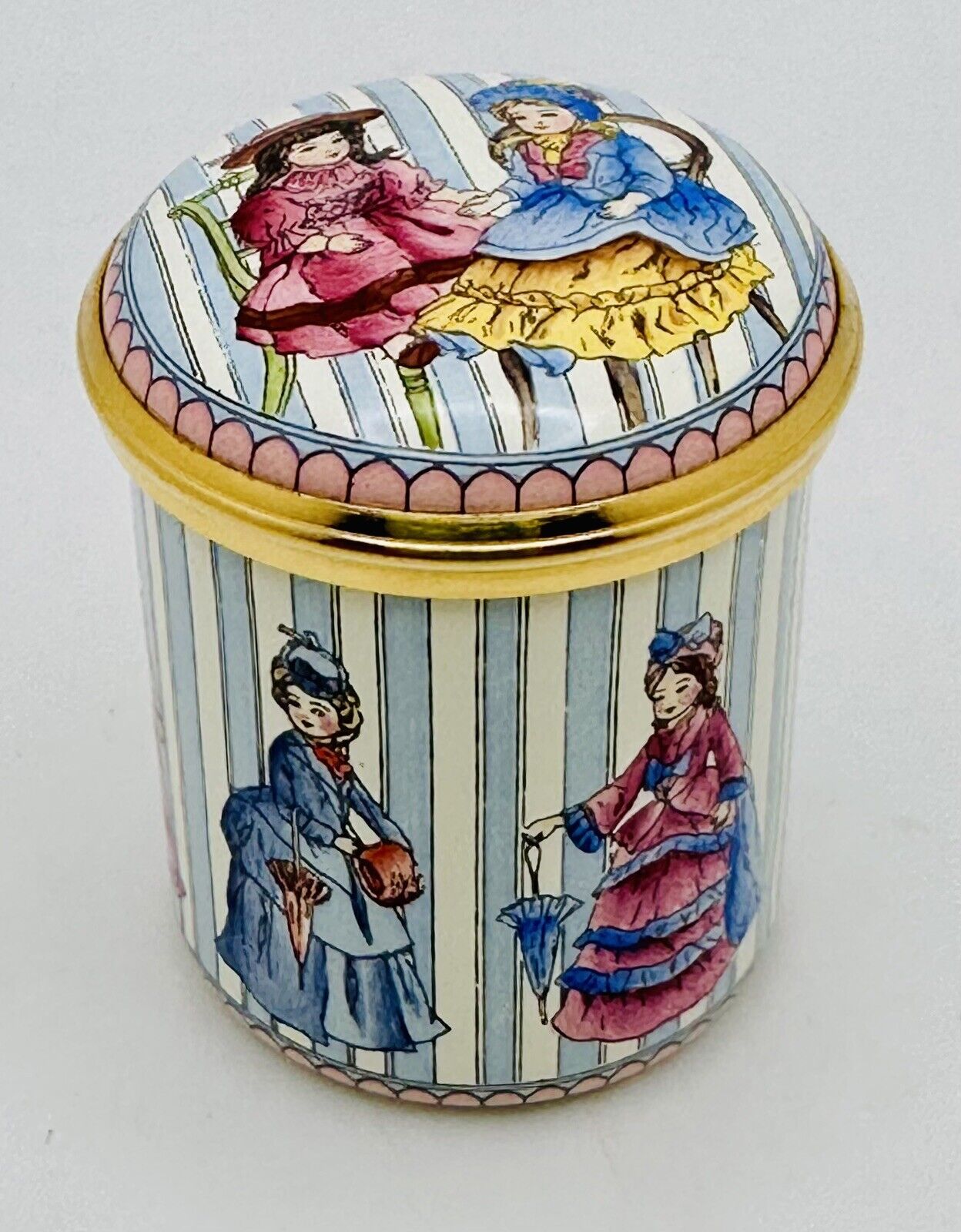 Vintage Halcyon Days Victorian Dolls Girls Enamel Canister Pill Box Bonbonniere