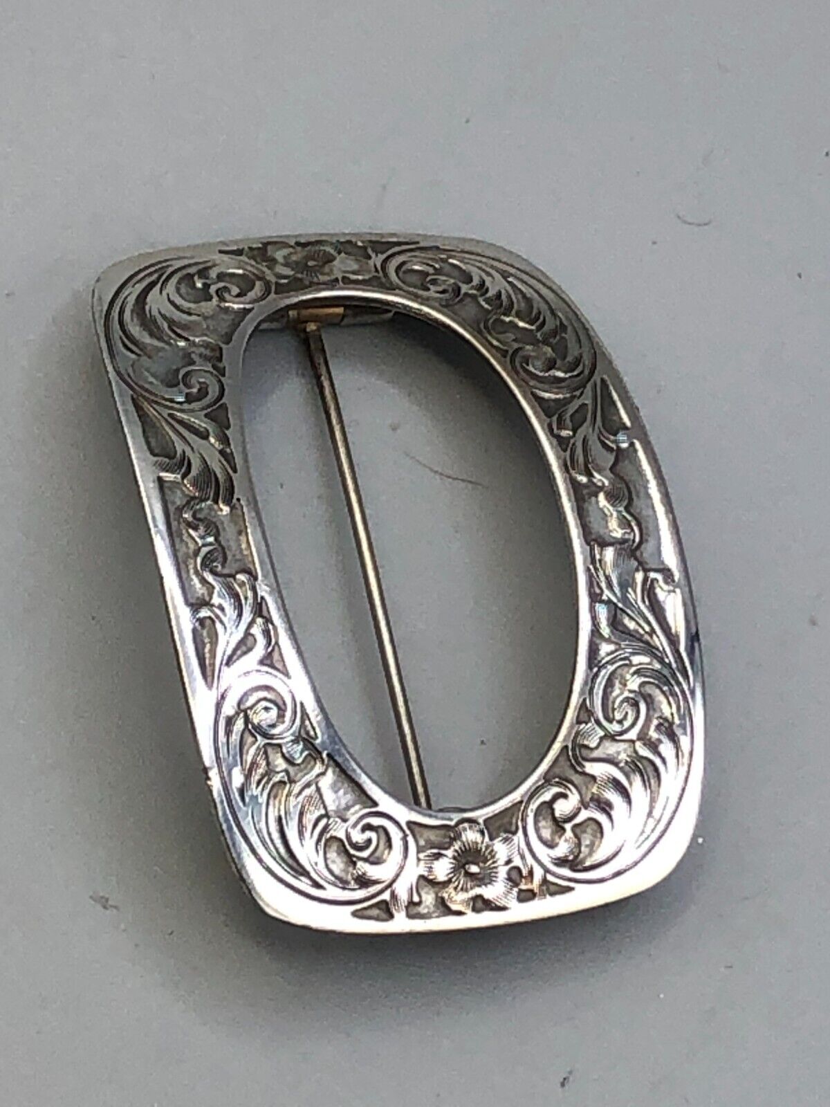 Antique Sterling Silver Belt Buckle style Pin with floral Engraving 1 7/8\
