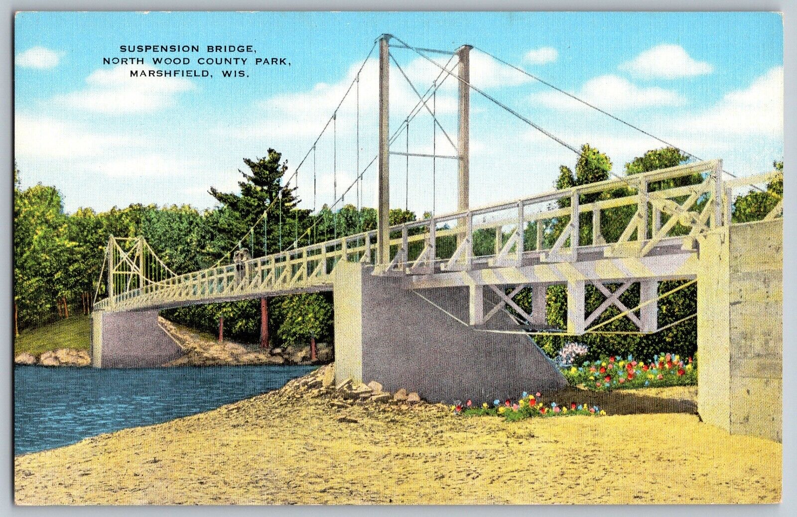 Marshfield, WI - Suspension Bridge, North Wood County Park - Vintage Postcard