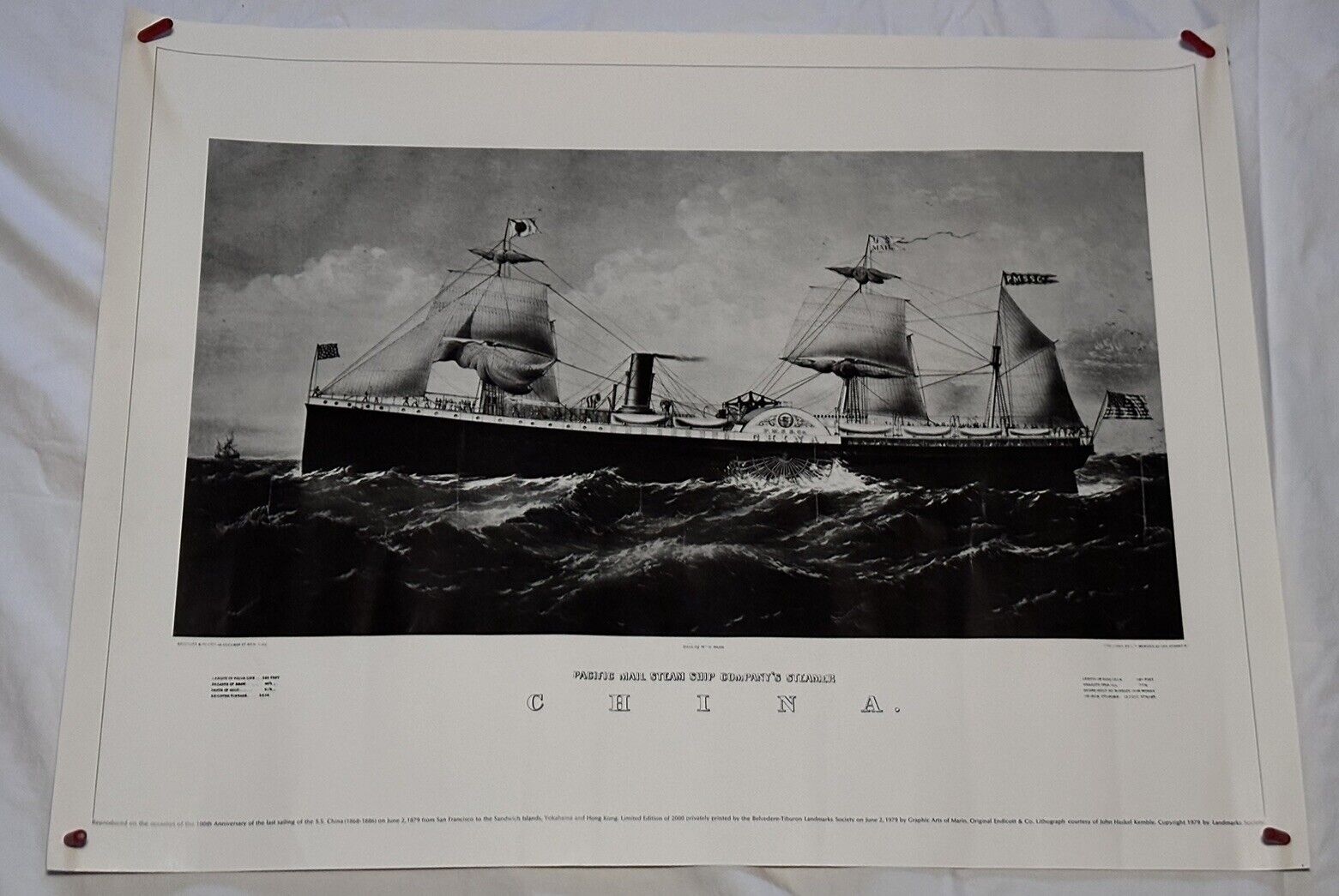 Vintage 1979 S. S. China Pacific Mail Steam Ship Steamer 24” X 18” Poster
