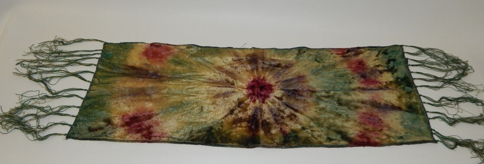 Vintage Crushed Velvet Tie Dye Fringed Table Dresser Scarf - Green Brown Rose