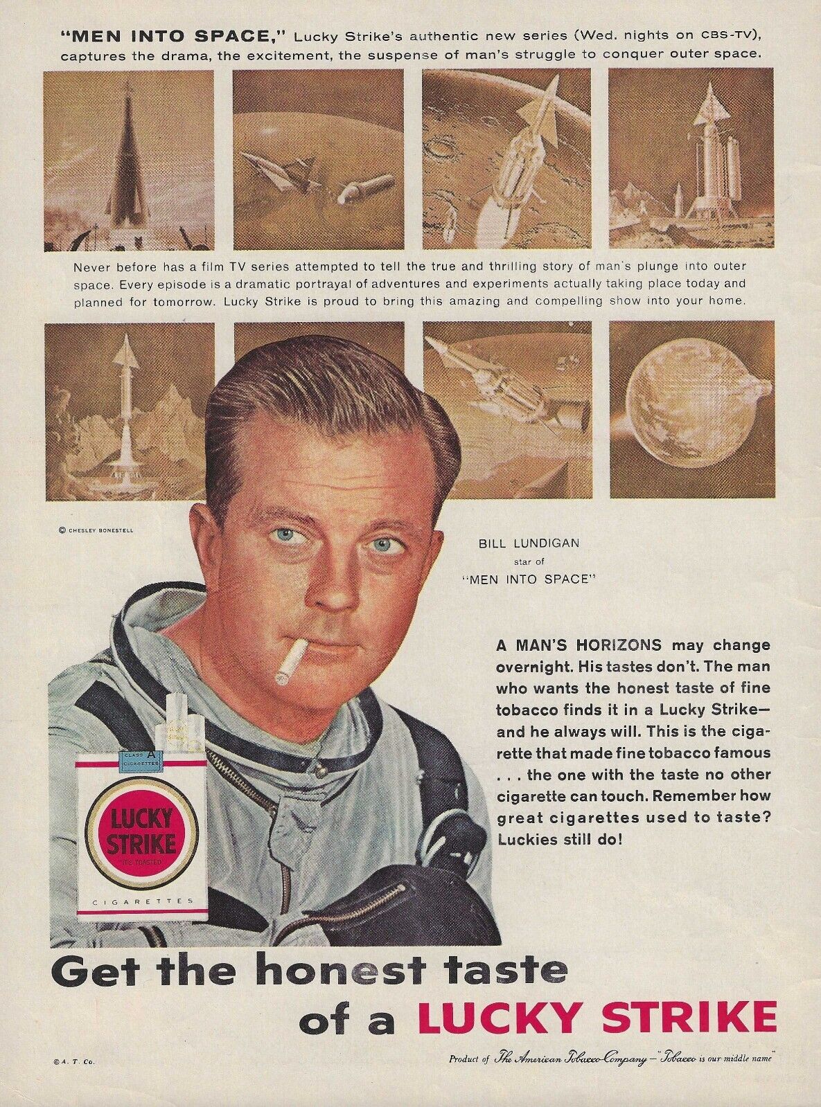 1959 Lucky Strike Cigarette Vintage Magazine Ad Bill Lundigan Space Travel NASA