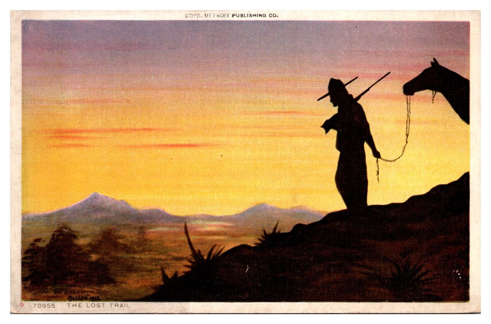 Antique The Lost Trail, Man with Rifle leading a Horse, Desert Scene, Postcard