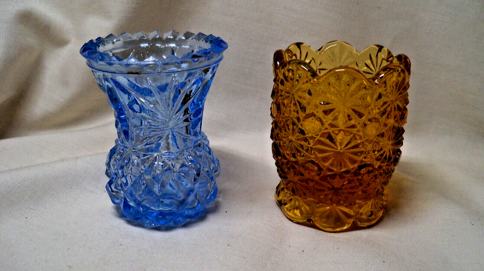Pair of Vintage Glass Toothpick Holders Blue Amber Art Glass
