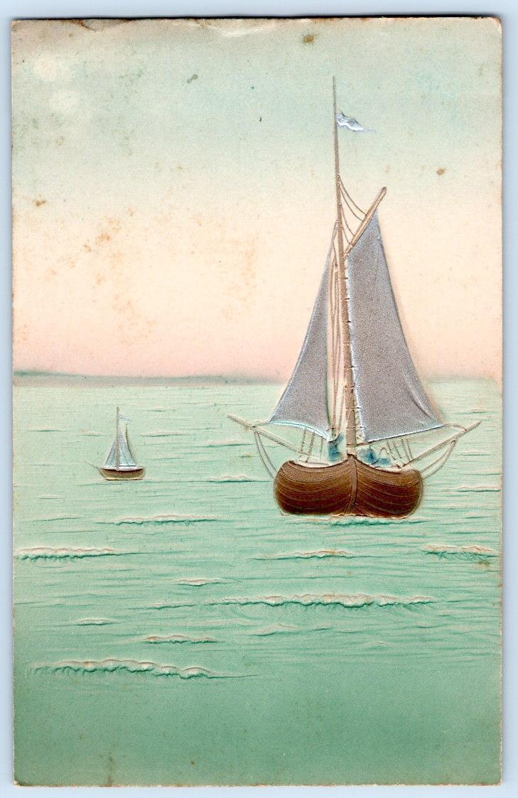 1910\'s SAILBOATS TURQUOISE WATER AIRBRUSHED EMBOSSED ANTIQUE GERMANY POSTCARD