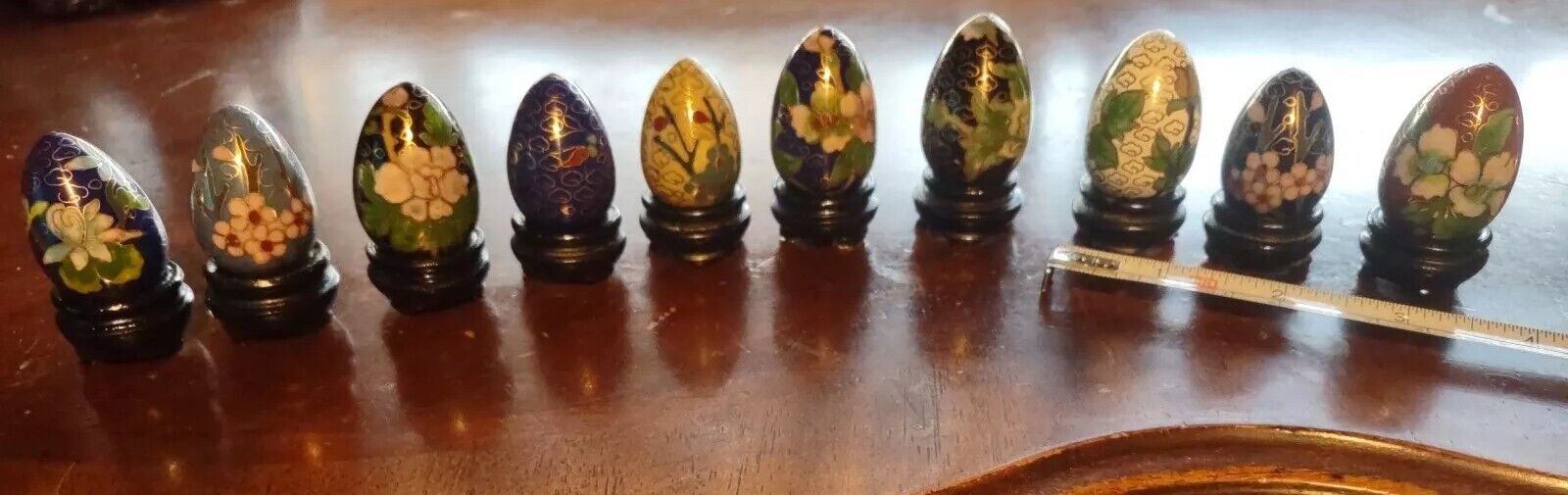 Set of 10 VINTAGE Handcrafted Mini Cloisonné Eggs w/Wooden Stands - BEAUTIFUL
