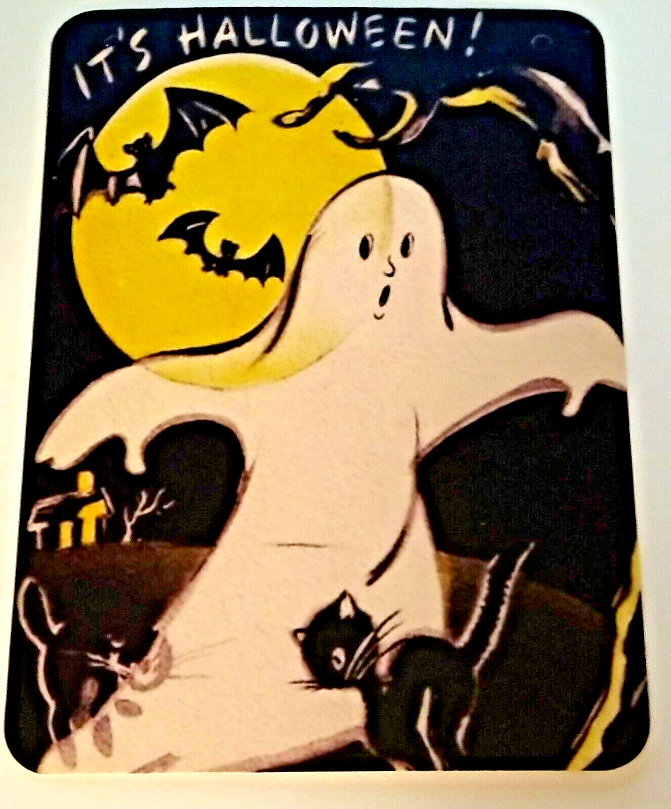 *Halloween* Banner Card: Ghost, Bats & Cat Large Vintage Image Reproduction