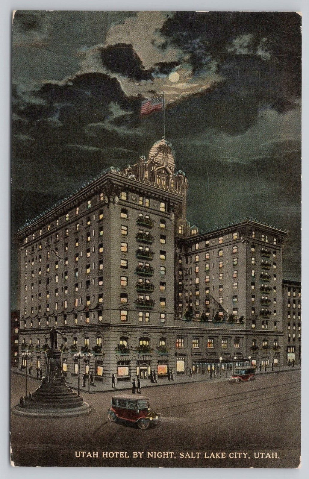 Postcard Utah Hotel by Night, Salt Lake City, Utah, Vintage PM 1914