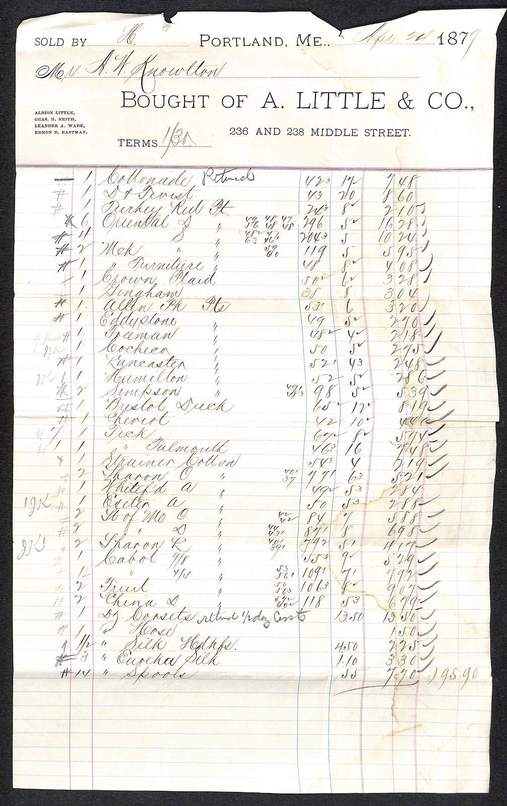 1879 A.W. Knowlton* Newburgh, ME A. Little & Co. Portland Large List Billhead