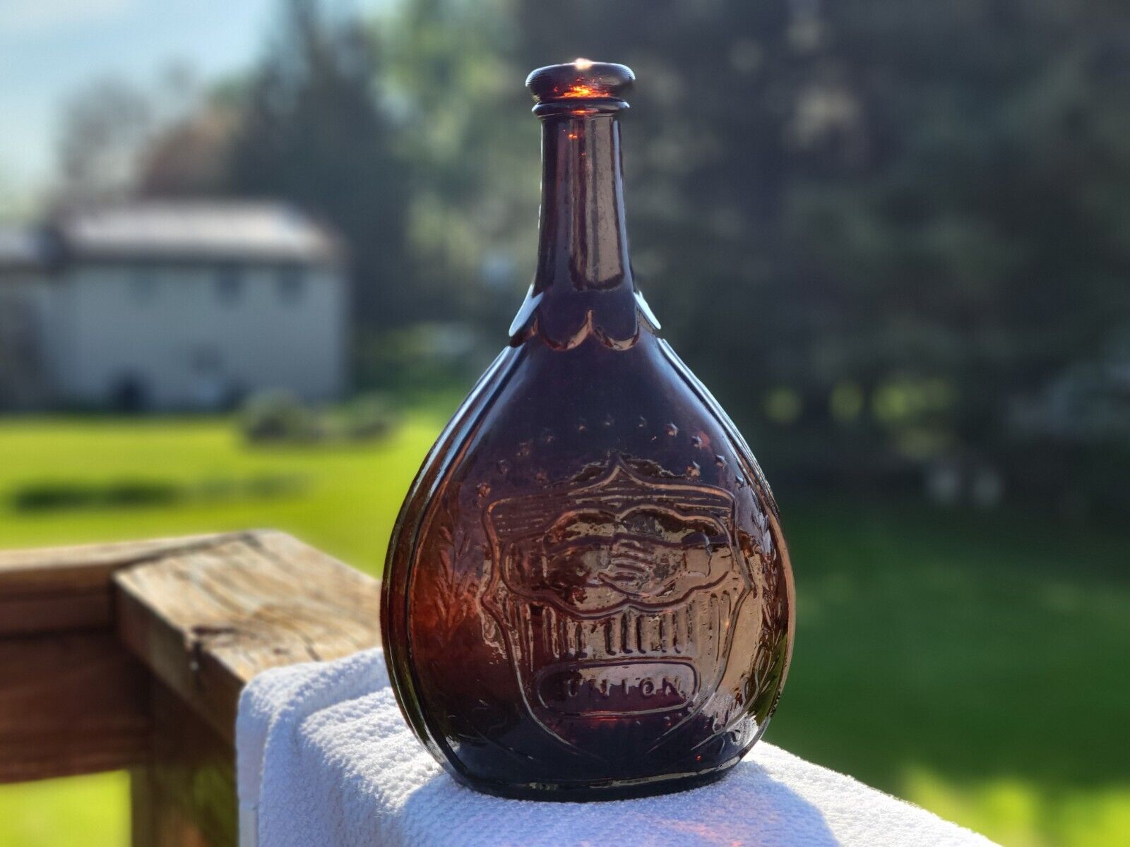 Deep Amber Near Attic Civil War Era Union Eagle Historical Calabash Flask Crisp