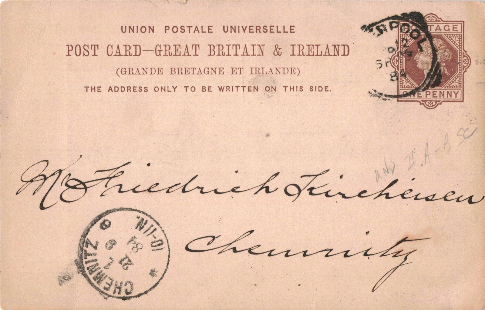 Great Britain & Ireland Thos. Meadows & Co. c.1884 Liverpool Cancel Postcard A94