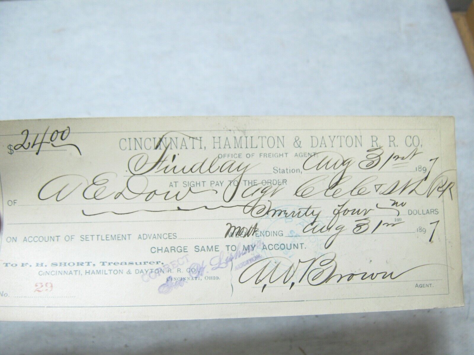 1897 Cincinnati, Hamilton & Dayton Railroad Findlay, OH Station Cancelled Check