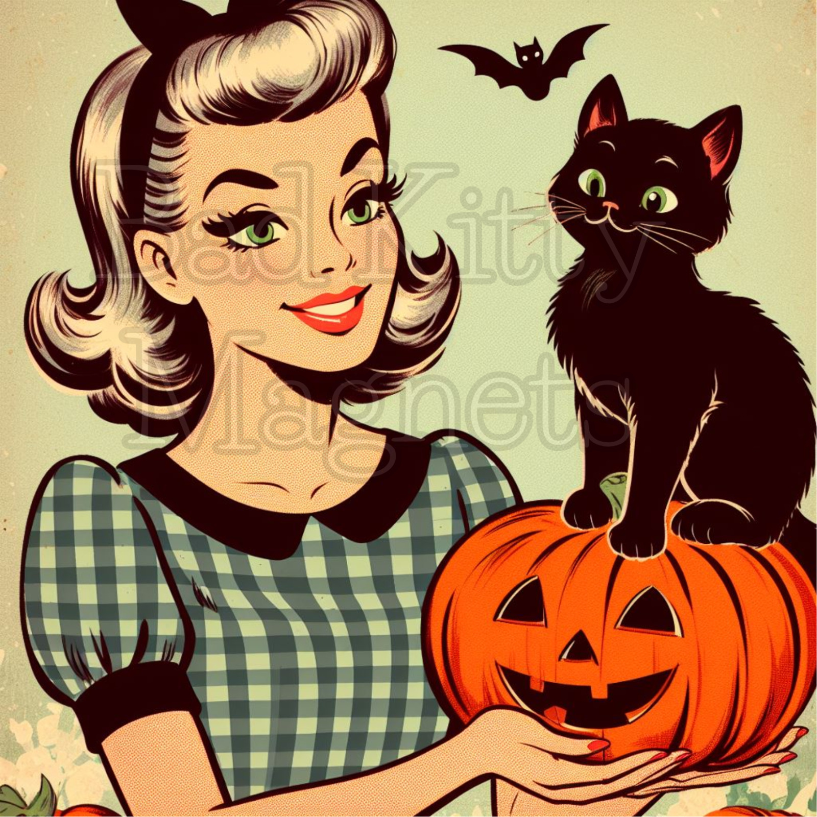 retro lady black cat pumpkin Halloween High Quality Metal Magnet 4x4 inches 619