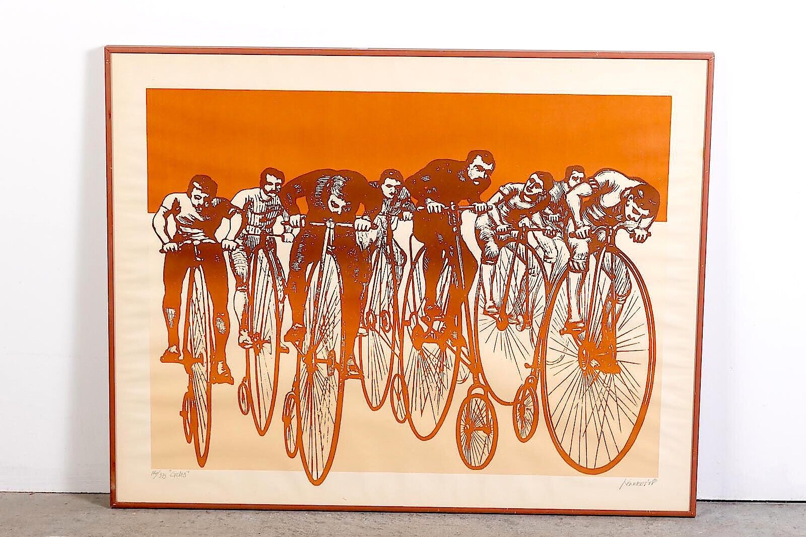 1977 MCM Screen Print Lithograph RETRO PENNY FARTHING Bike Race, Signed Kennedy