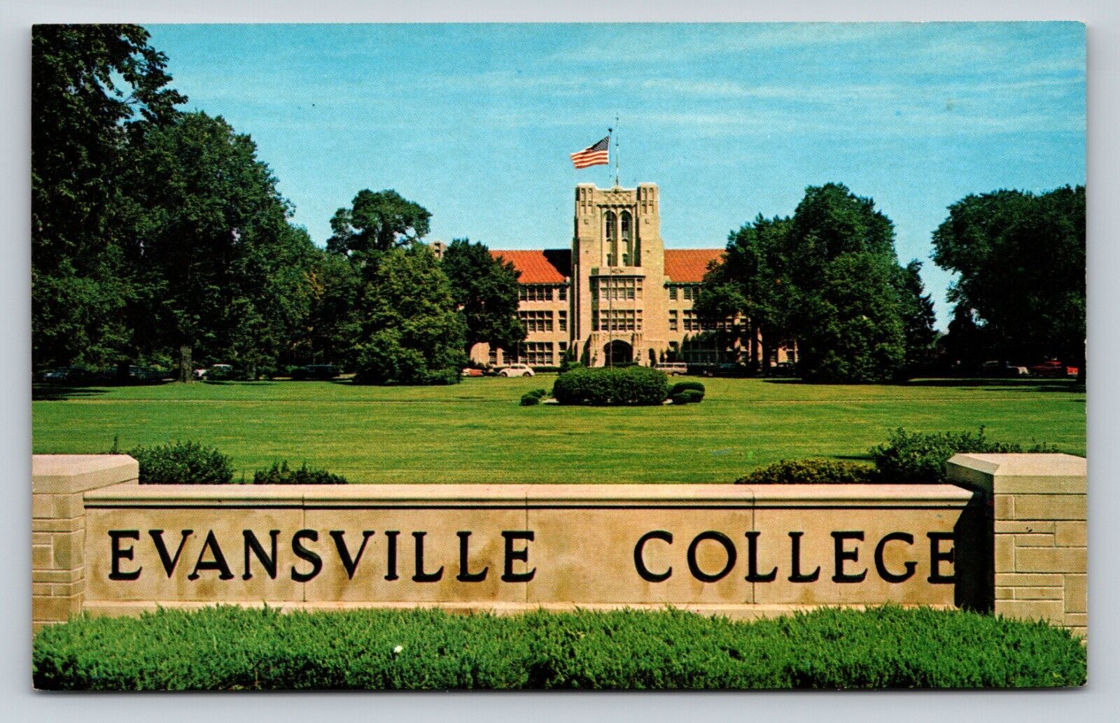 Evansville College, Indiana Administration Building w/ US Flag VTG Postcard
