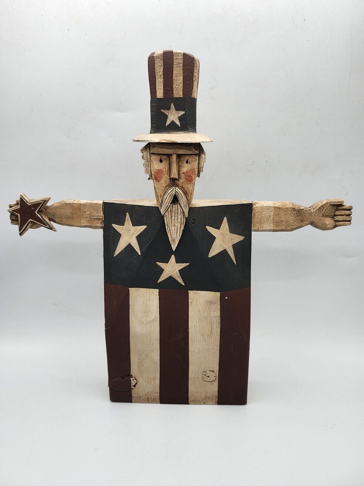 Vtg Chris Flesher Wood Folk Art Uncle Sam Americana Unique/Rare Patriotic Statue
