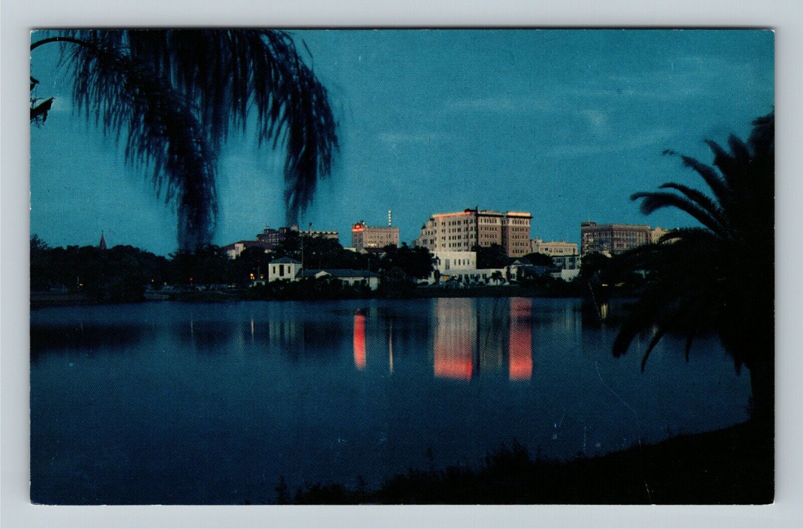 St. Petersburg Florida, DOWNTOWN CITY VIEW AT DUSK, Mirror Lake Vintage Postcard