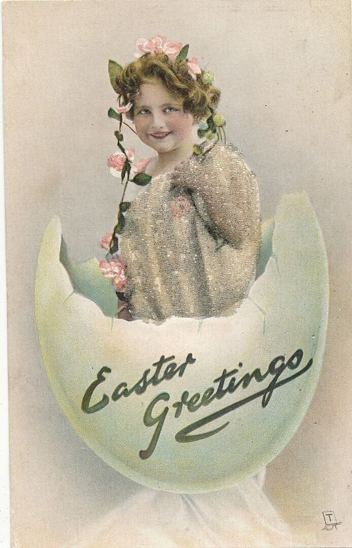EASTER - Girl In Egg Bead Covered Easter Greetings Tuck Postcard