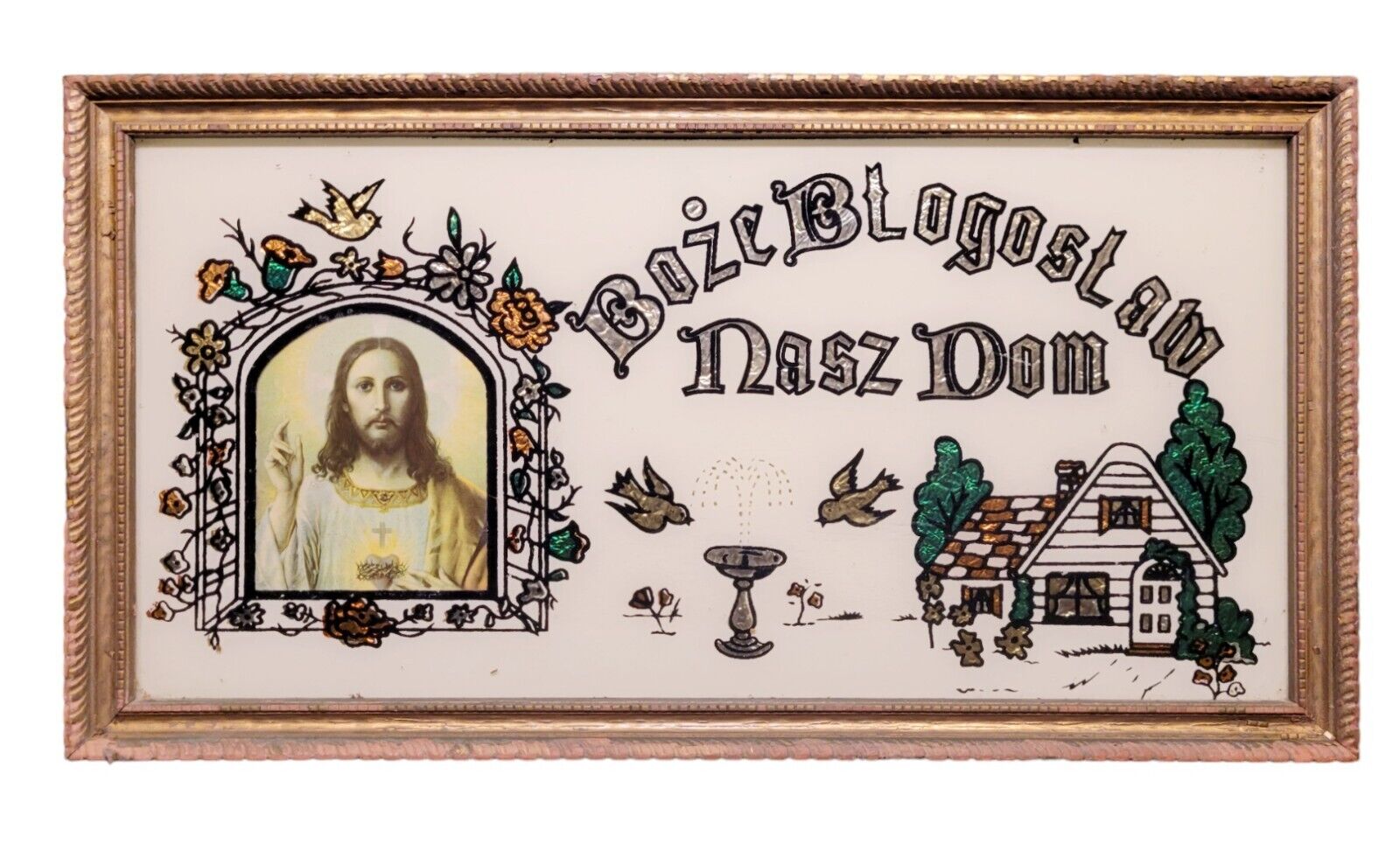 Antique Polish Bless This House Reverse Painted Wall Art Plaque Religious Jesus