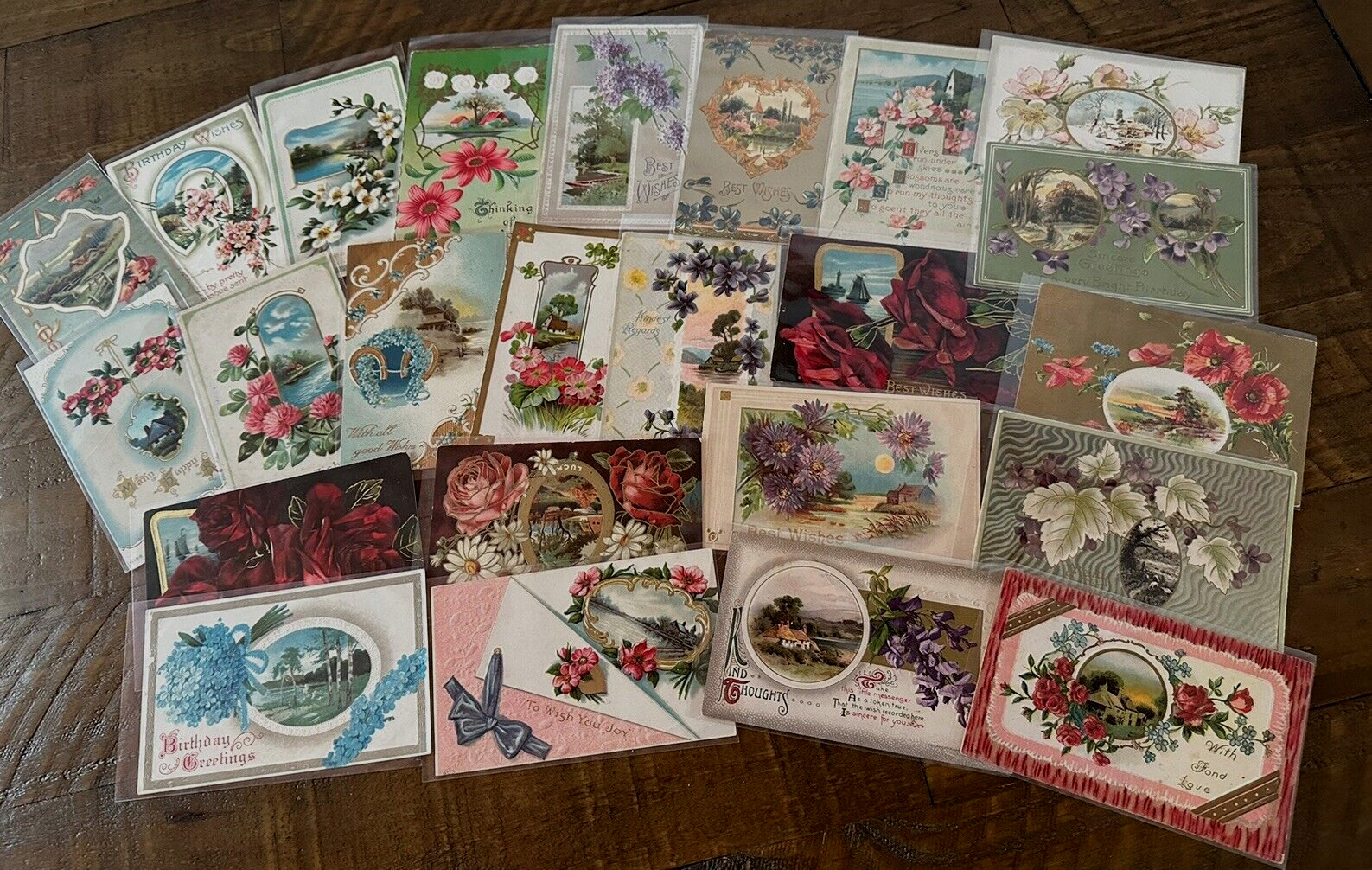 ~Lot of 23 Vintage~Scenes & Flowers~ Floral Greetings Postcards-in sleeves-k491