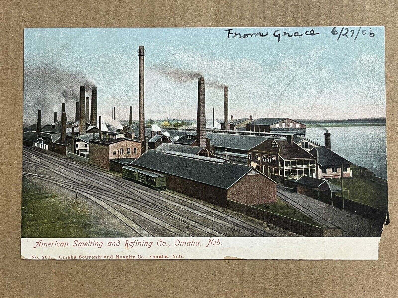 Postcard Omaha NE Nebraska American Smelting Refining Railroad Tracks Vintage PC