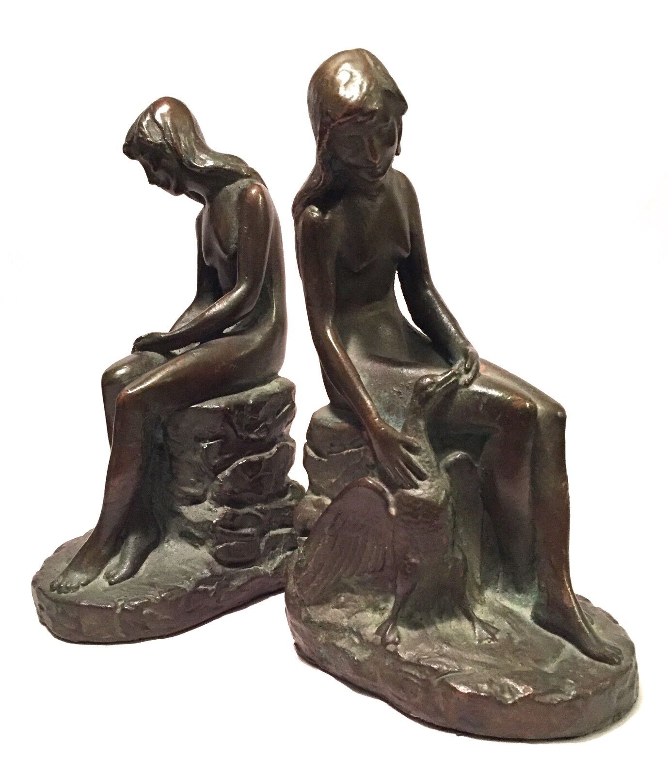 Kathodian Bronze Works KBW Antique (2) Bookends Bronze Clad Nude Female Goose