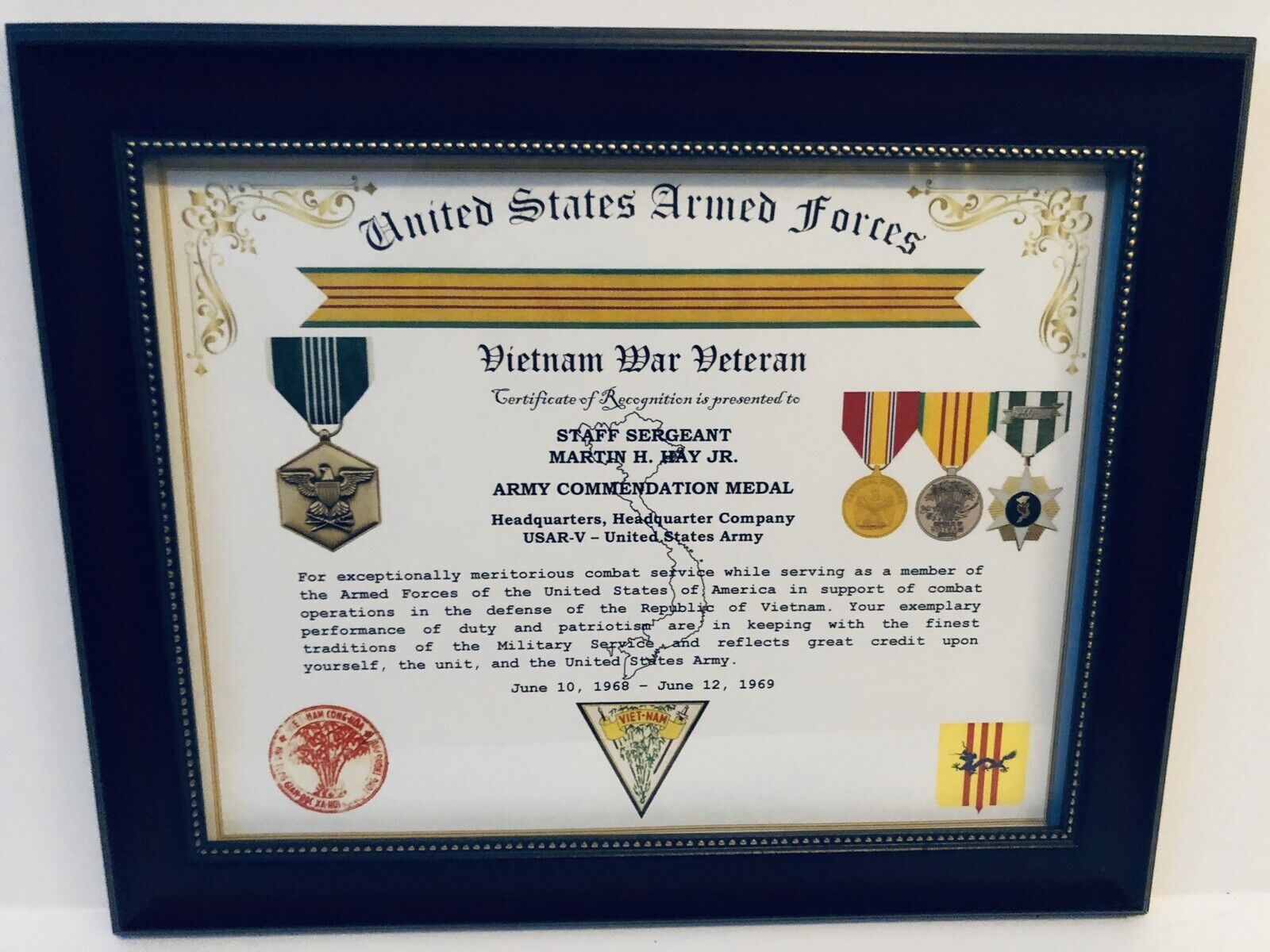 ARMY COMMENDATION MEDAL ~ Vietnam Service Recognition Certificate +FREE PRINTING
