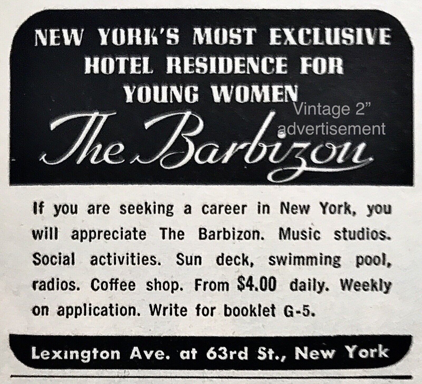 1957 AD 2” Barbizon Residence For Young Women NYC Exclusive VINTAGE AD