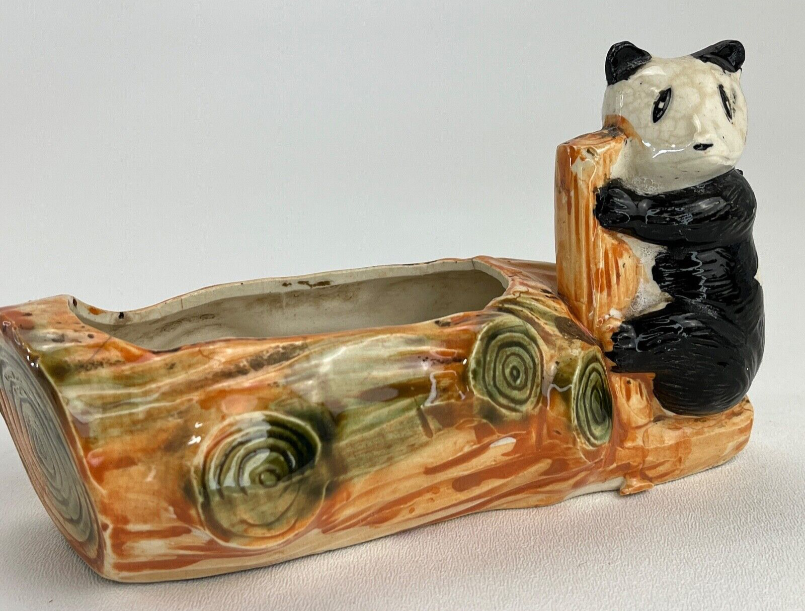 Vintage Panda Bear Log Succulent Planter Ceramic Figurine Japan 1950