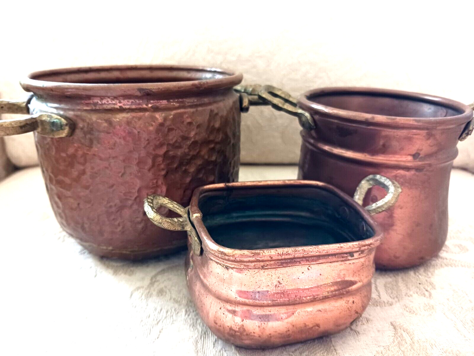 Lot 3 Vintage Solid Copper Pots Dishes w Brass Handles Holland & Turkey Hammered