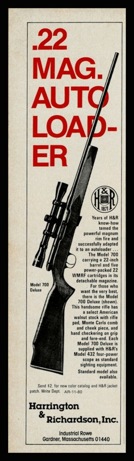 1980 HARRINGTON & RICHARDSON H&R 700 Deluxe .22 magnum Autoload Rifle PRINT AD