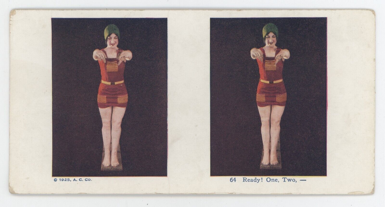 1925 Stereoview #64 Ready One, Two, -.  Beautiful Woman in Swimsuit Diving In