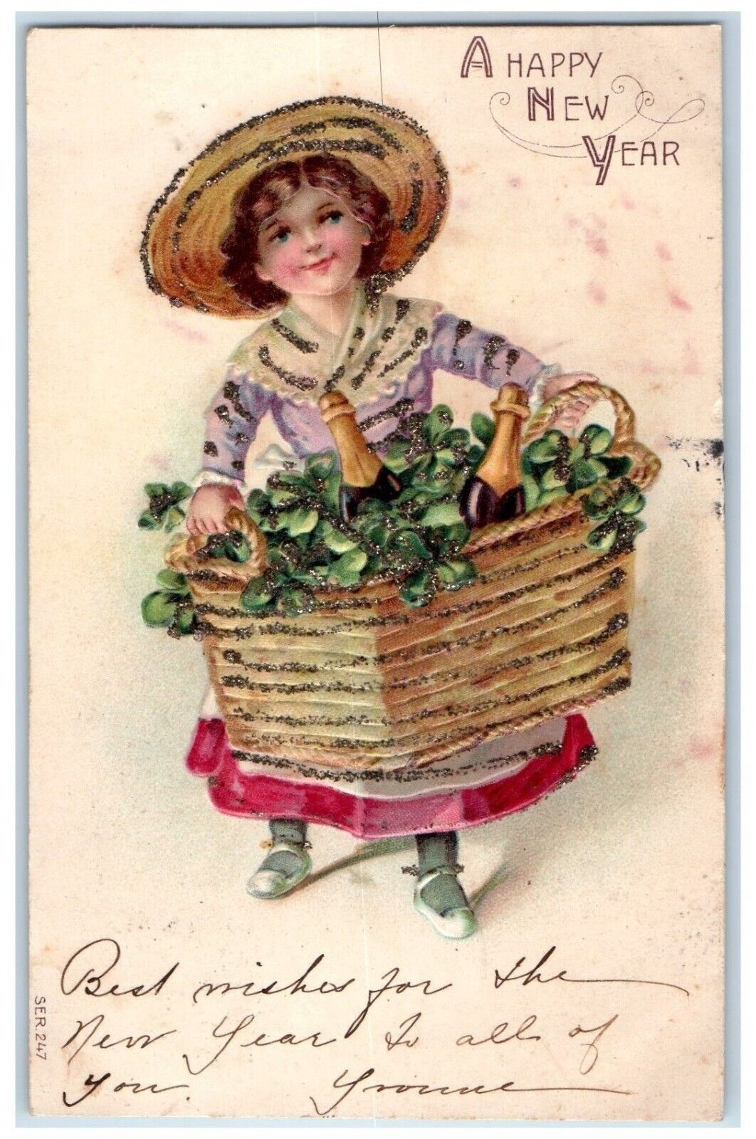 1907 New Year Woman Shamrocks Wine Bottle In Basket Glitter Embossed Postcard