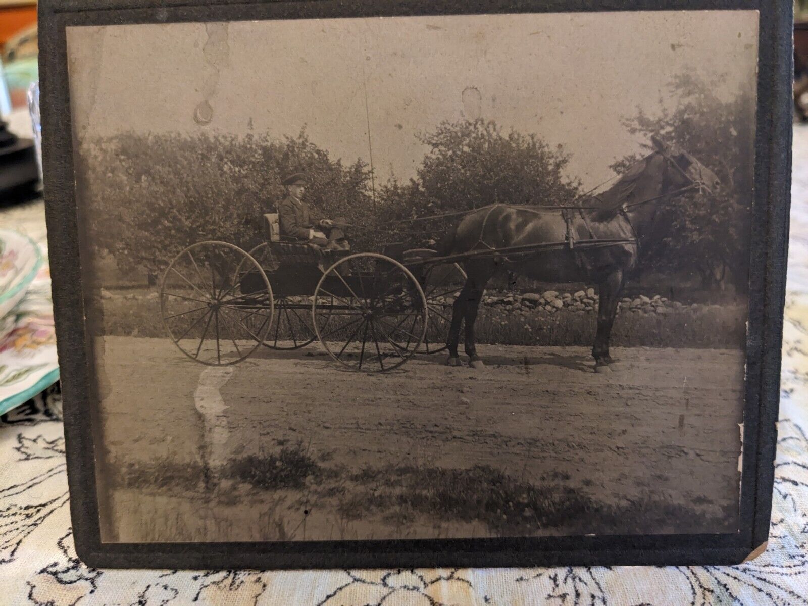 Later 1800's outdoor photograph man in carriage being pulled by a black horse