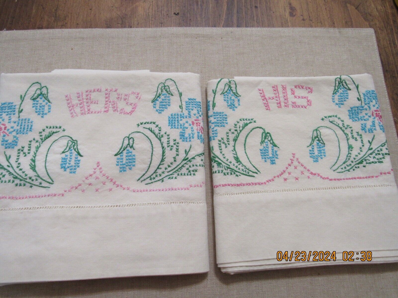 Vintage Pair of Hand Embroidery Pillow Cases His and Her Design
