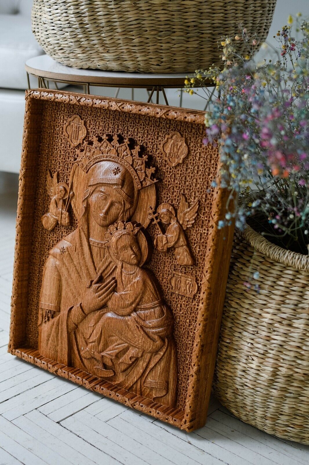 Virgin Mary of Perpetual Help WOOD CARVED CHRISTIAN ICON RELIGIOUS WALL HANGING 