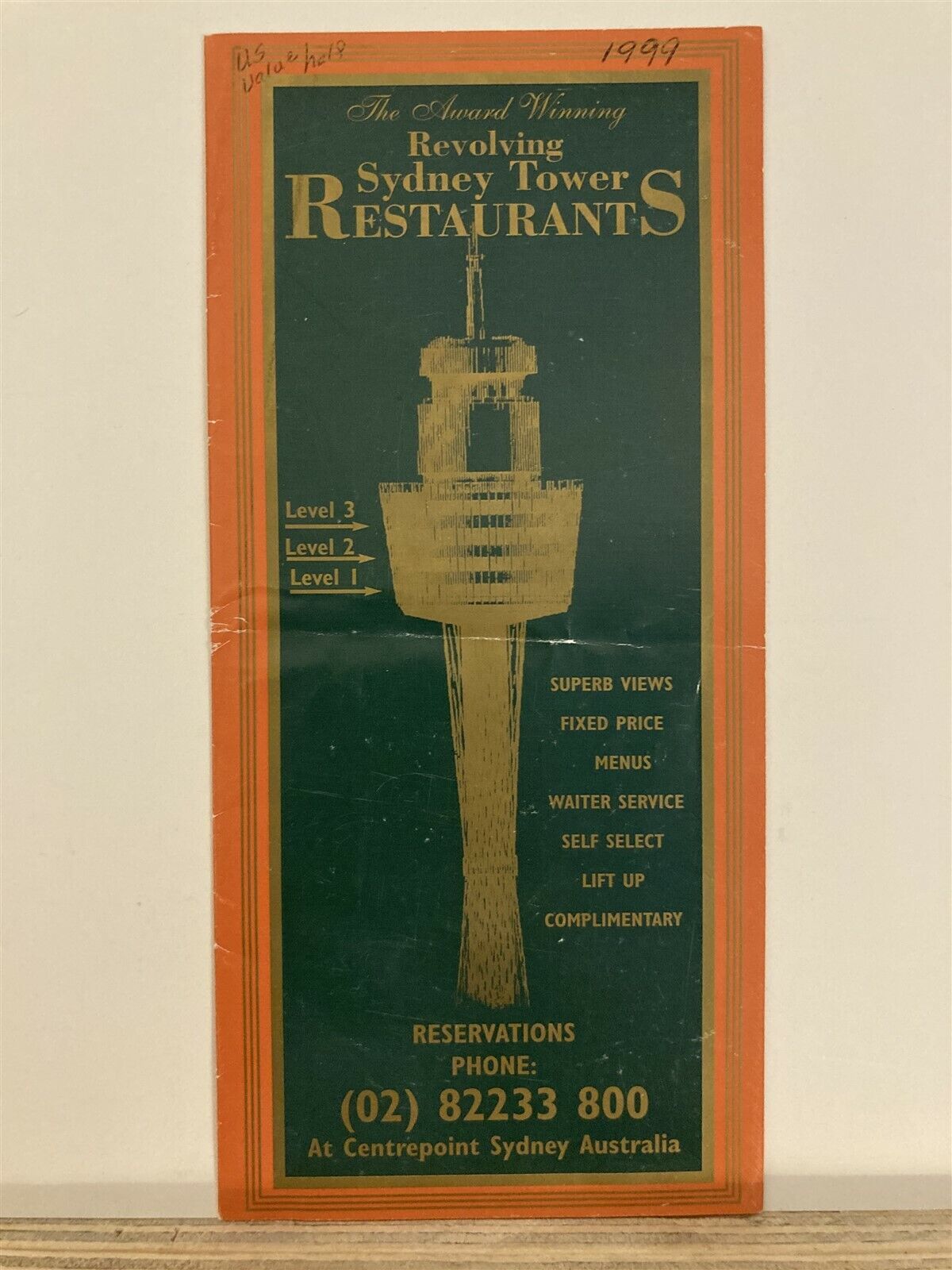 1999 Revolving Sydney Tower Restaurants Menu Australia  Vtg