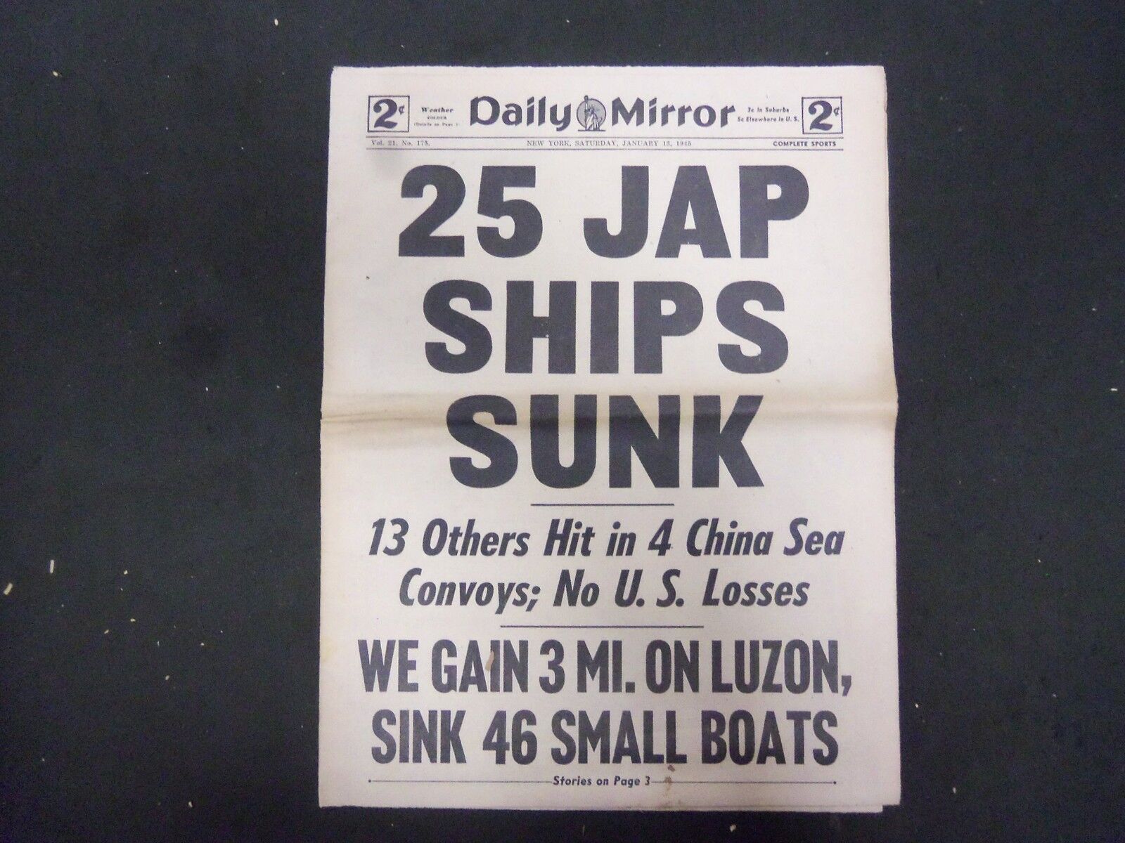 1945 JANUARY 13 NEW YORK DAILY MIRROR - 25 JAP SHIPS SUNK - NP 2221