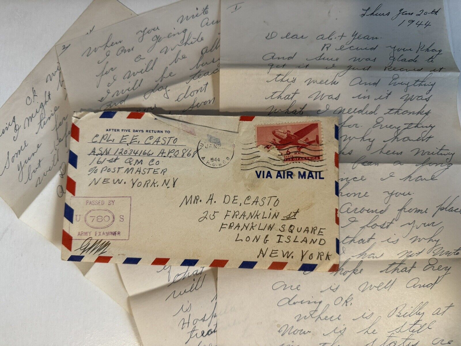 WWII Letter Family Correspondence Army Casto Family 1944 Stamped