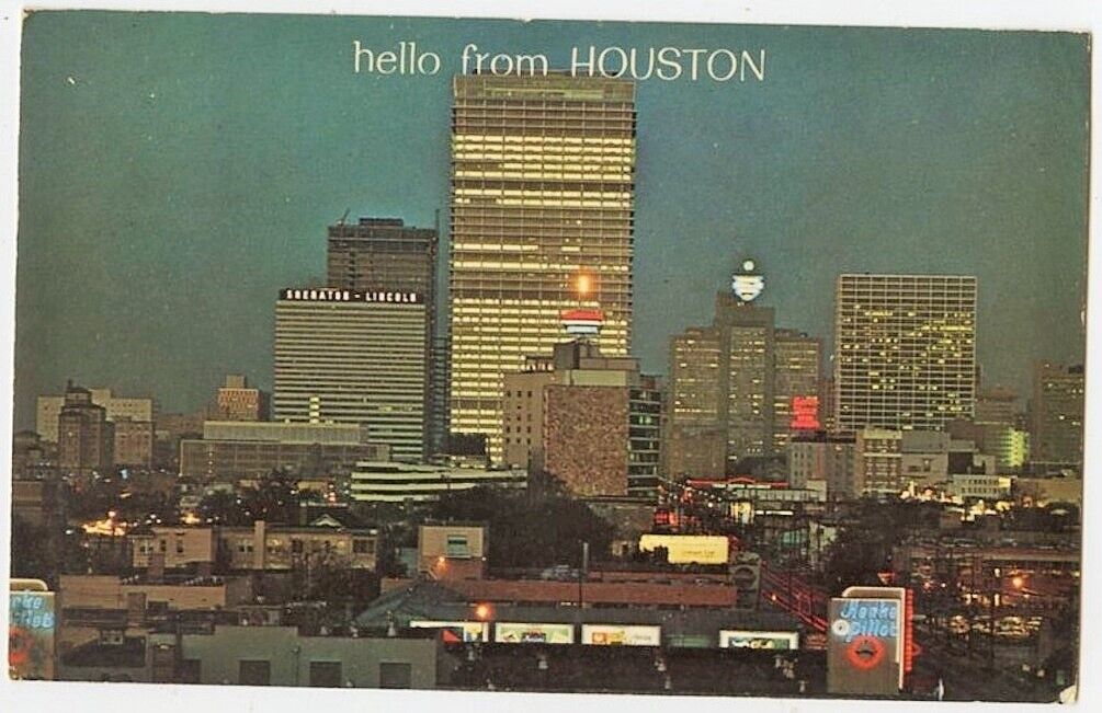 Houston Tx Hello Humble Building at Night 1968 Vintage Postcard Texas