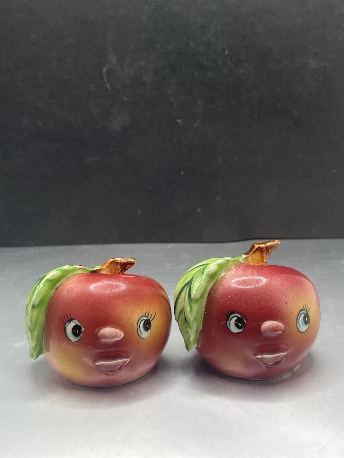 Kitschy Salt and Pepper Shakers Japan Anthropomorphic Apples Vintage Kitchen 
