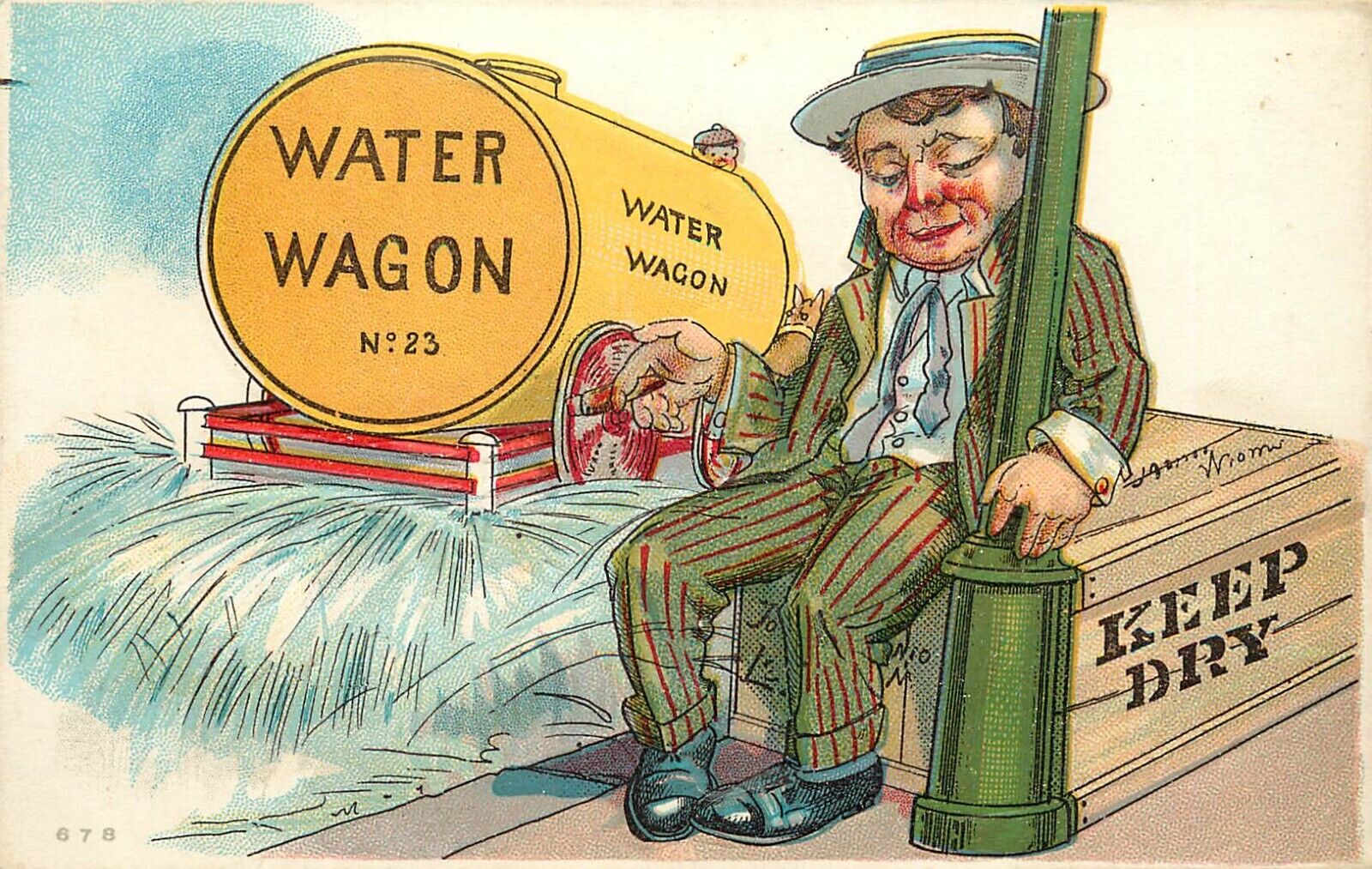 Embossed Temperance Postcard 678 Drunk Man Watches Water Wagon Drive By