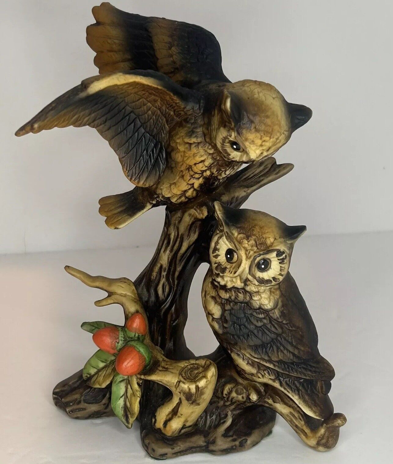 Ceramic Pair Of Owls Owl Sitting On Branch Statue Figurine Vintage MCM