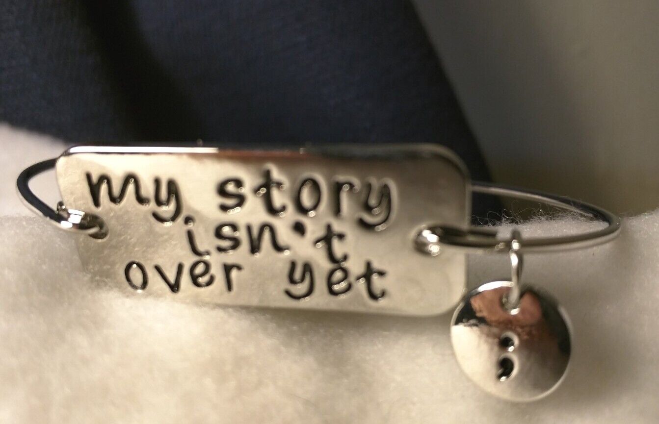 my story isn’t over yet ; Semicolon Silver Bangle Bracelet Suicide Awareness