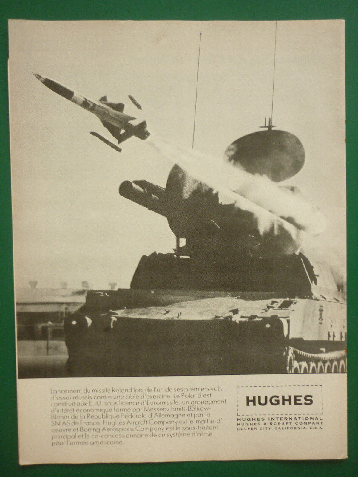 9/1978 PUB HUGHES AIRCRAFT MISSILE ROLAND EUROMISSILE ORIGINAL FRENCH AD