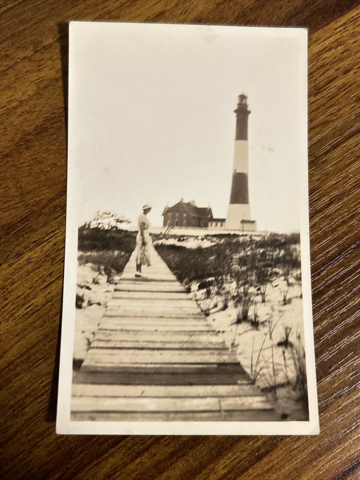 Lighthouse & Woman on Pier Sand Dunes 1930s B&W Vintage Photo T2