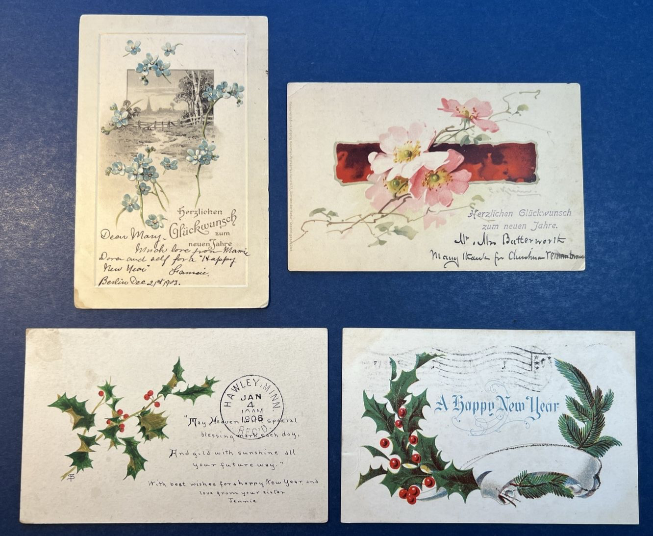 Mixture 4 New Year Antique Postcards, UND backs.  1 GLITTER.  1905-1906 era.