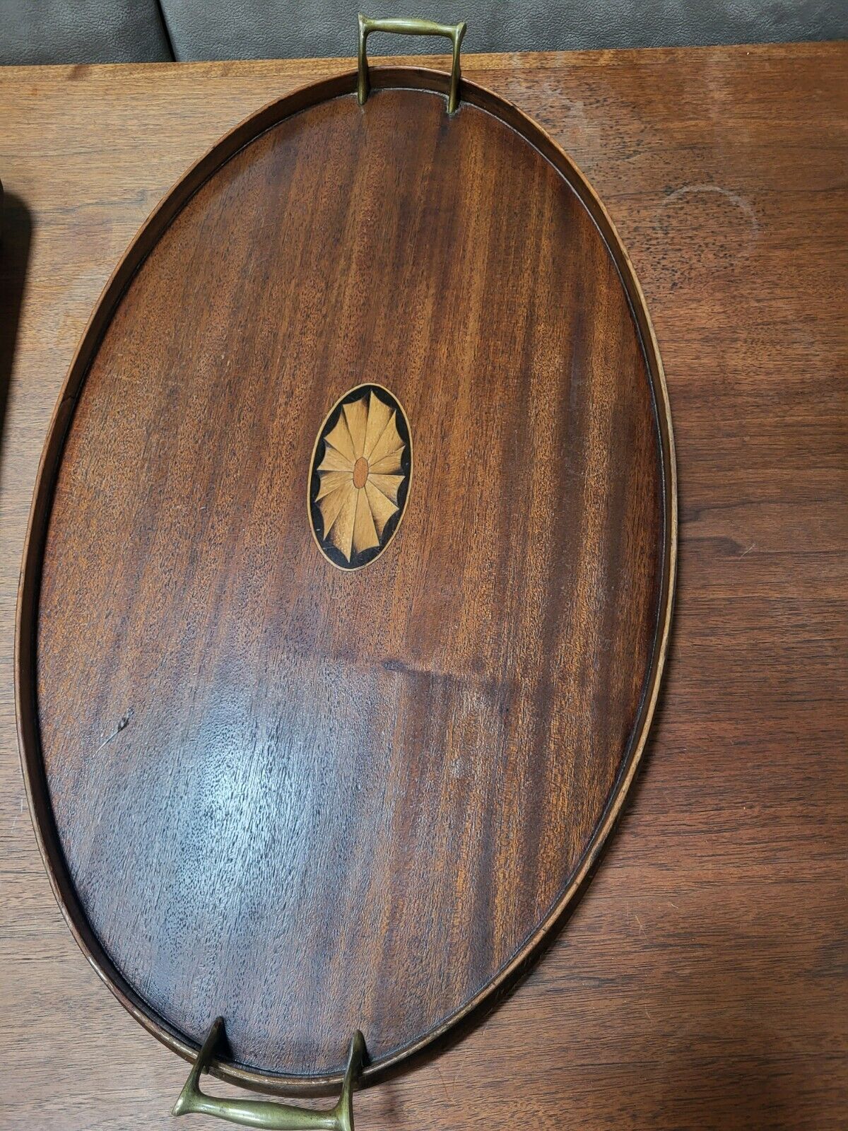  Antique Mahogany Inlay Edwardian Serving Tray With Brass Handles