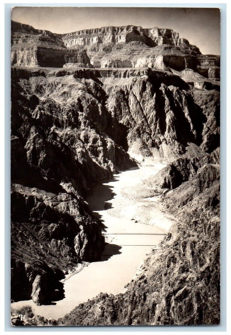 c1940's Black Suspension Bridge Grand Canyon River View AZ RPPC Photo Postcard