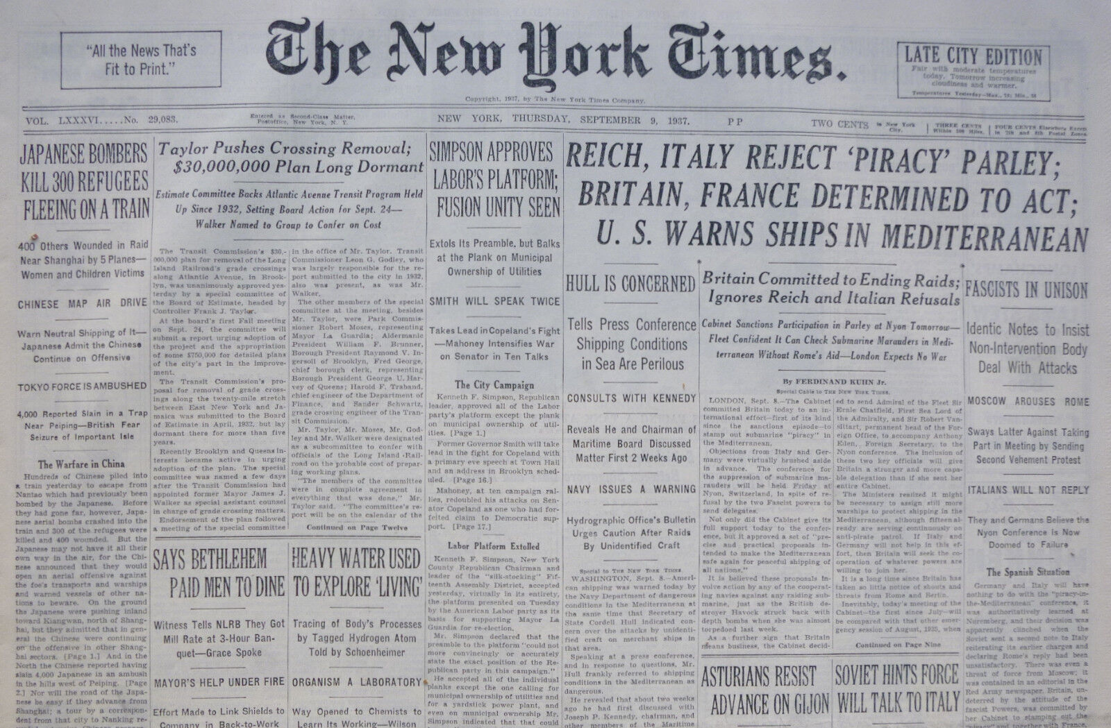 9-1937 September 9 REICH ITALY REJECT \'PIRACY\' PARLEY; BRITAIN FRANCE DETERMINED